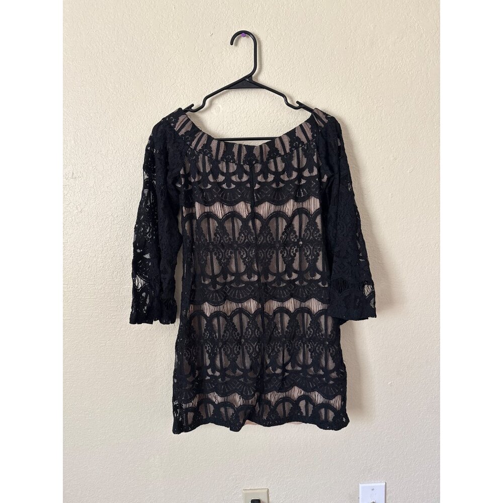 Crystal Doll Black Lace Bell Sleeve Mini Dress Nude Lining Boat Neck Womens M - Picture 5 of 11